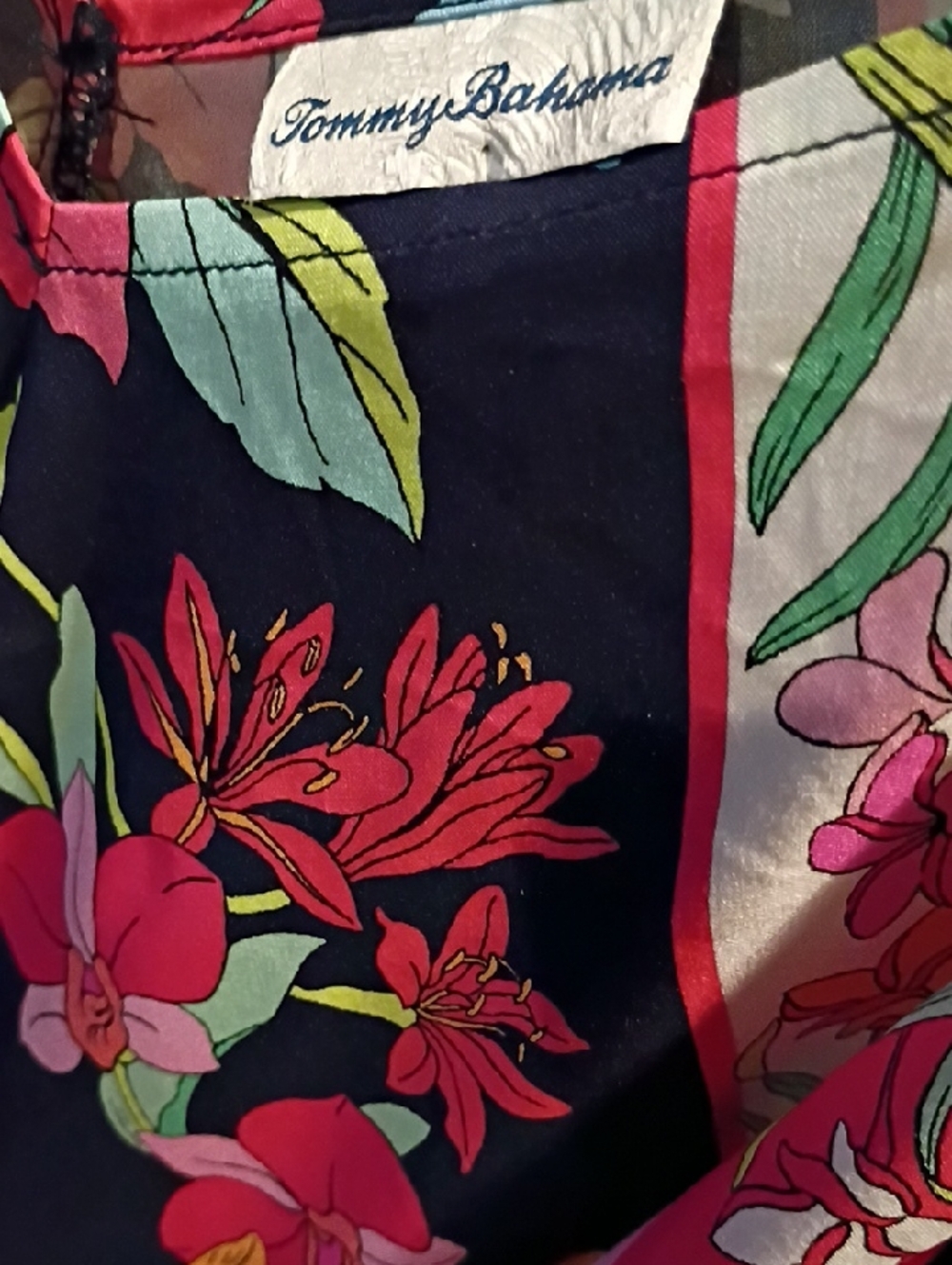 FINAL PRICE Tommy Bahama Black Asymmetrical Floral Scarf dress w Pink/Red Blooms
